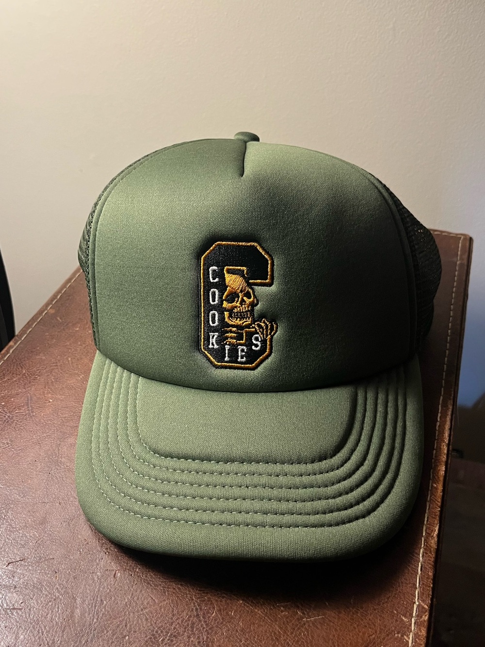 Cookies Olive Green Trucker Hat with Embroidered Skull 'C' Patch